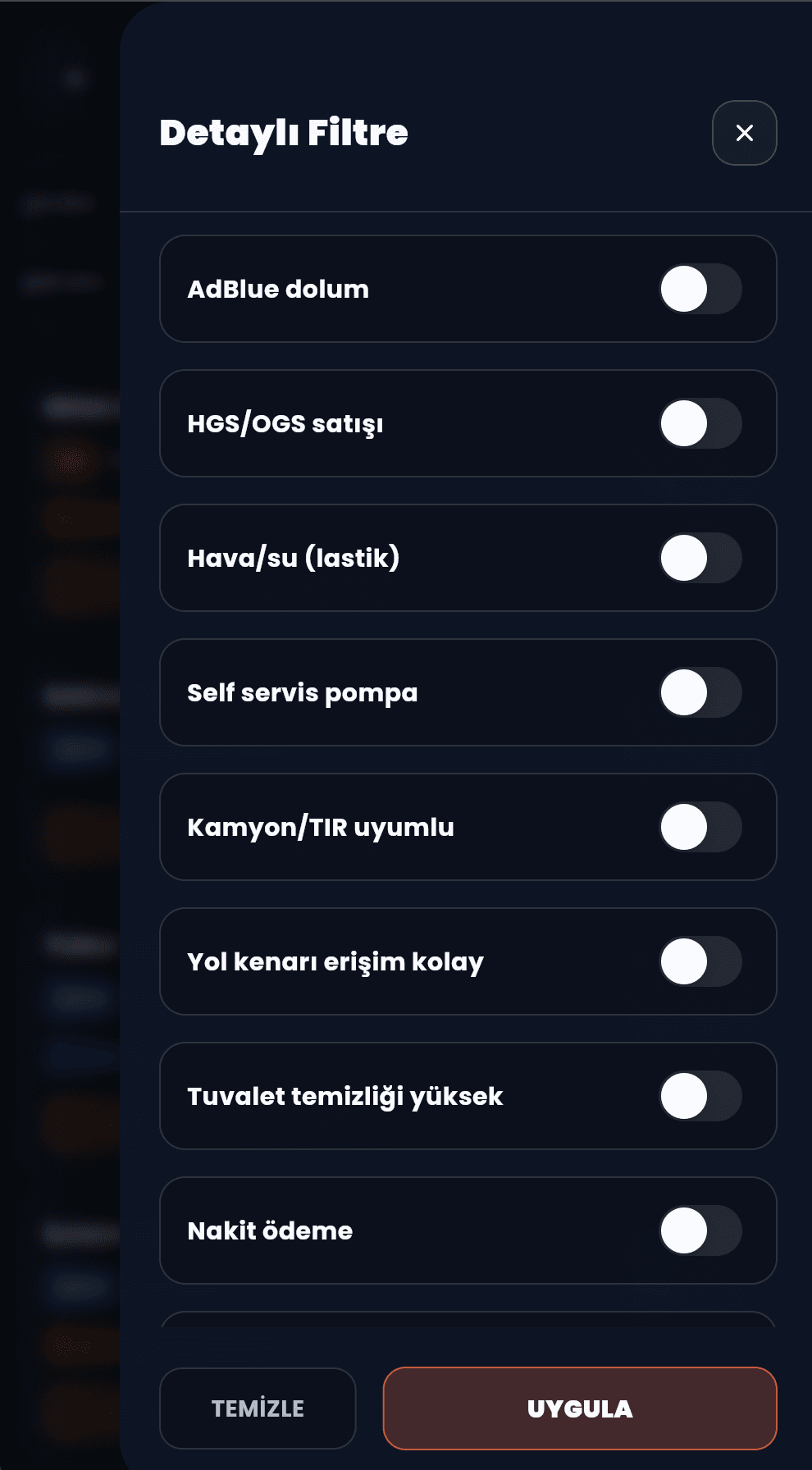Molayeri filtreleme paneli ince uzun ekran gorunumu