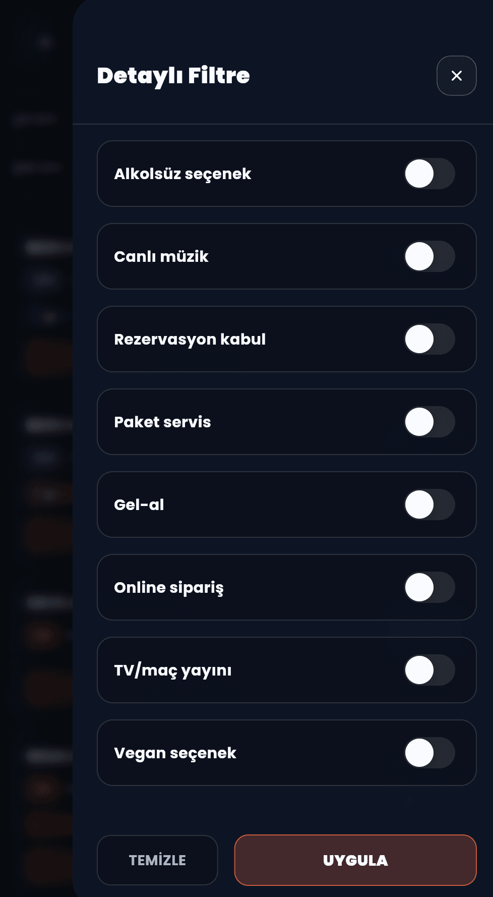 Molayeri filtreleme paneli tamamlayici ekran gorunumu